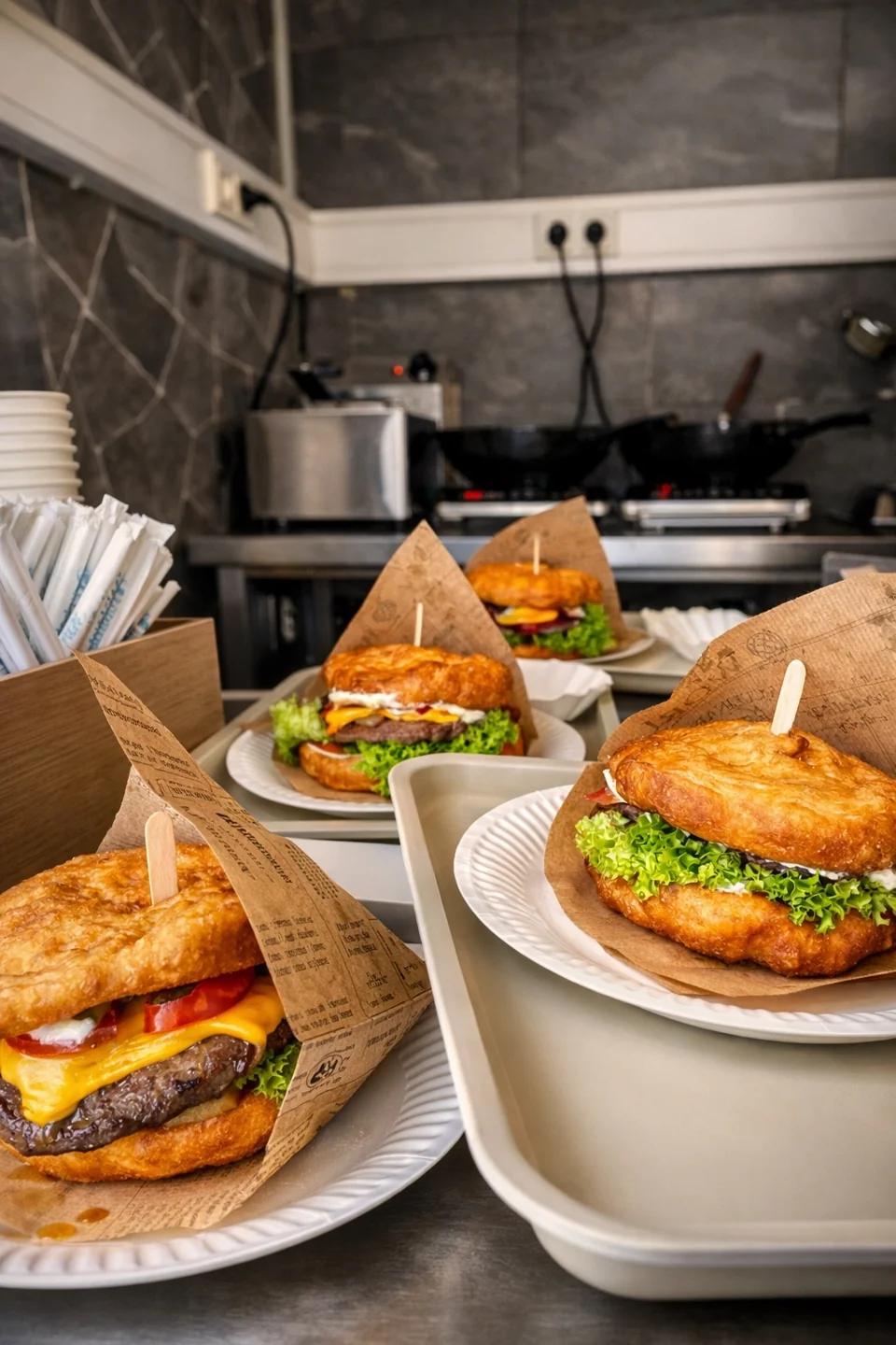 Frisch belegte Langos-Burger im Foodtruck
